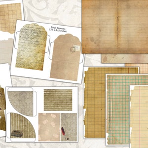 May include: Printable vintage style paper pack with various textures and patterns, including lined, grid, and envelope designs.  The pack includes a total of 10 printable sheets.  The text on the page reads "Folds Down to 2.75 x 4.25 inches" and "Folds Down to 5 inches".