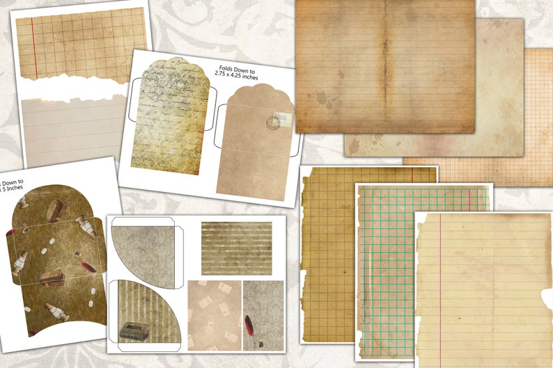 May include: Printable vintage style paper pack with various textures and patterns, including lined, grid, and envelope designs.  The pack includes a total of 10 printable sheets.  The text on the page reads "Folds Down to 2.75 x 4.25 inches" and "Folds Down to 5 inches".