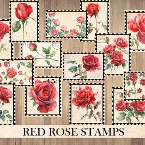 Vintage Red Roses Stamps, Antique Ephemera, Fussy Cut, Sticker Sheet, Junk Journal Supplies, Summer Floral, Flower Scraps, Instant Download