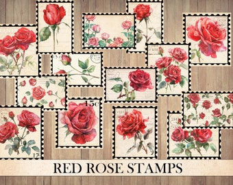 Vintage Red Roses Stamps: Junk Journal Ephemera (Digital Download)