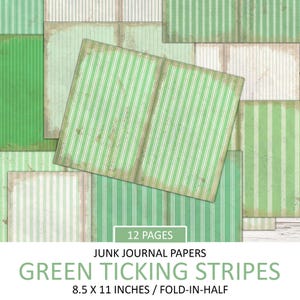 Vintage Junk Journal Papier, Distressed Grüne Tickende Streifen, Ephemera, Antike Signatur, altes Papier, Scrapbook Hintergrund, Herunterladen