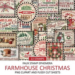 Vintage Farmhouse Christmas Stamps, Antique Ephemera, Fussy Cut, Sticker Sheet, Junk Journal Supplies, Winter Season, Instant Download
