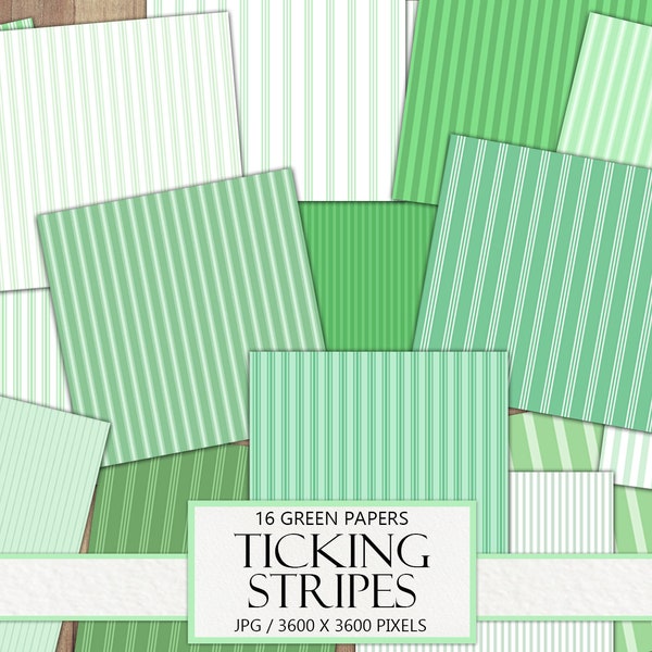 Green Ticking Stripes, Printable Scrapbook Paper, Junk Journal Pages, Stripe Pattern, Green Ephemera, Backgrounds, Instant Download