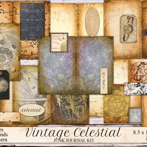 Kit de diário de lixo para impressão, vintage celestial, coisas efêmeras, corte complicado, enfeite de álbum de recortes, astrológico, estrelas, noite, download instantâneo