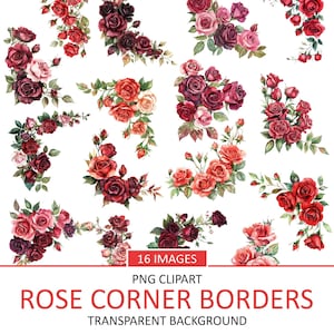 May include: A set of 16 watercolour rose corner borders with a transparent background. The roses are in shades of red and pink, and they are arranged in a variety of designs. The borders are perfect for adding a touch of elegance to any project.