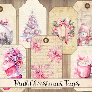 Etiquetas de Natal rosa vintage, coisas efêmeras para impressão, férias de inverno, etiqueta para presente, cartões de diário, corte exigente, download instantâneo