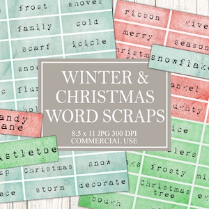 Winter Season, Christmas Word Scraps, Junk Journal, Grunge, Craft Kit, Vintage Ephemera, Fussy Cut, Instant Download, Printable