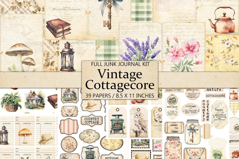 May include: A digital collage kit with 39 papers featuring vintage cottagecore illustrations. The kit includes images of a cottage, mushrooms, a teapot, a lantern, a key, a bird, a book, flowers, and more. The papers are 8.5 x 11 inches.