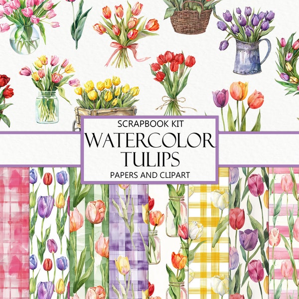 Watercolor Tulips Scrapbook Kit, Junk Journal, Spring Floral Images, Ephemera, Clipart, Flower Seamless Papers, Wedding, Instant Download