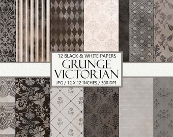 May include: Twelve black and white digital paper designs with Victorian-inspired patterns. The papers are 12 inches by 12 inches and 300 DPI.