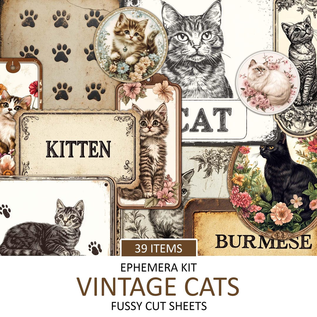 Antique Cats Ephemera Kit: Printable Vintage Kitty Labels (digital ...