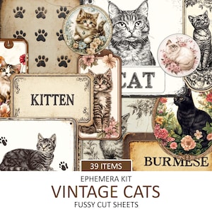 Kit éphémères d'étiquettes de chats antiques, chutes de journal imprimable pour animaux de compagnie, coupe difficile, album, kit de collage kitty, chaton téléchargement immédiat