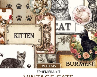 May include: Vintage cat themed digital paper pack with 39 items. The pack includes images of cats, kittens, paw prints, and text such as "Kitten", "Cat", and "Burmese".