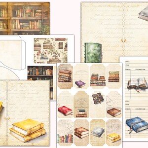 May include: A digital paper pack with a vintage book theme. The pack includes images of books, book stacks, and book covers. The images are in a watercolor style and have a vintage, antique look. The pack also includes a few pages with handwritten text and a few pages with lined paper.