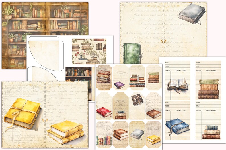 May include: A digital paper pack with a vintage book theme. The pack includes images of books, book stacks, and book covers. The images are in a watercolor style and have a vintage, antique look. The pack also includes a few pages with handwritten text and a few pages with lined paper.