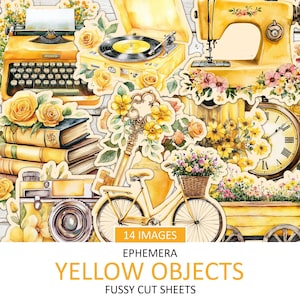 May include: A collage of yellow ephemera cutouts, including a typewriter, record player, sewing machine, books, camera, bicycle, and clock. The text reads "14 Images," "Ephemera," "Yellow Objects," and "Fussy Cut Sheets."