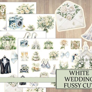 Watercolor White Wedding Fussy Cut, Junk Journal Ephemera, Marriage Day Scraps, Scrapbook Embellishment, Cut Sheet, Printable Download