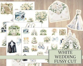 Watercolor Wedding Ephemera: White Scrapbook Embellishments (Printable Download)