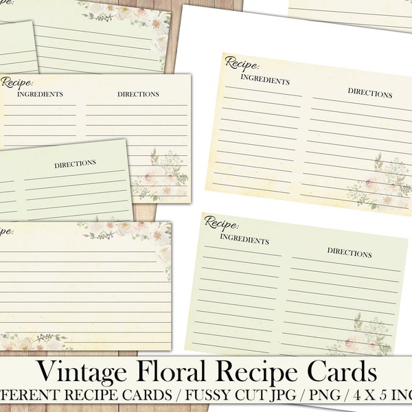 Vintage Recipe Cards, White and Sage, Floral Cards, Note Cards, Recipes, Antique Design, Ephemera, Fussy Cut, PNG, Junk Journal, Notes