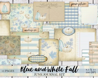 Blue & White Pumpkin Junk Journal Kit: Vintage Fall Ephemera and Journal Paper (Digital Download)