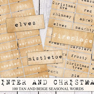 Printable Winter and Christmas Word Scraps, Beige Junk Journal, Grunge, Winter Craft, Vintage, Ephemera, Fussy Cut, Instant Download