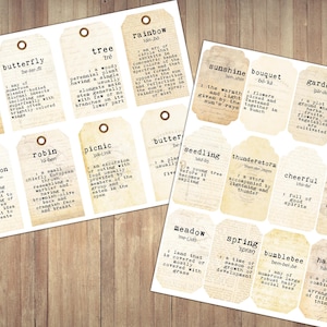 May include: A set of 20 printable tags with vintage-inspired designs. Each tag features a word related to nature, such as "butterfly", "tree", "rainbow", "sunshine", "bouquet", "garden", "flower", "inspiration", "robin", "picnic", "meadow", "spring", "bumblebee", "harmony", "cloud", "seedling", "thunderstorm", "cheerful", and "Easter". The tags are printed on a cream-colored background with brown text.