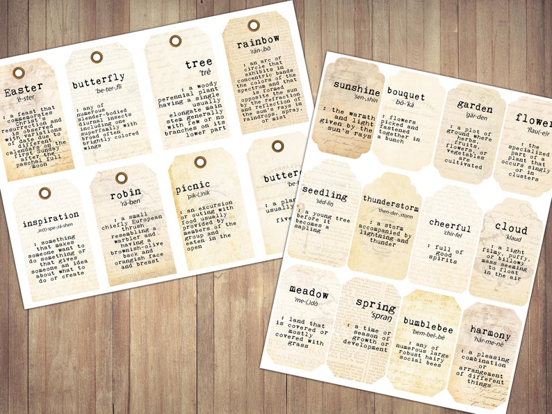 May include: A set of 20 printable tags with vintage-inspired designs. Each tag features a word related to nature, such as "butterfly", "tree", "rainbow", "sunshine", "bouquet", "garden", "flower", "inspiration", "robin", "picnic", "meadow", "spring", "bumblebee", "harmony", "cloud", "seedling", "thunderstorm", "cheerful", and "Easter". The tags are printed on a cream-colored background with brown text.