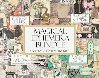 Paquete de efímeras mágicas: bruja, astronomía, adivina, academia oscura, diario vintage, clipart, recortes elegantes, descarga instantánea