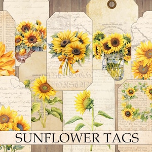 Étiquettes et étiquettes de tournesols vintage, articles éphémères de journal indésirable, cartes anciennes, fleur d'automne, automne, embellissement d'album, coupe difficile, téléchargement