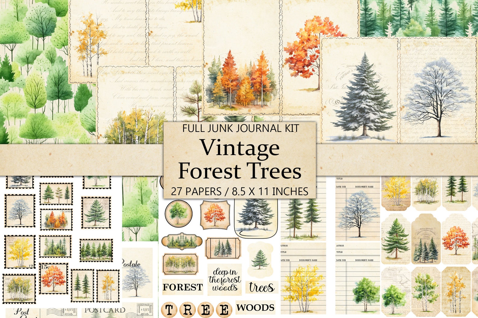 Vintage Forest Trees Junk Journal Kit: Ephemera, Scrapbook (digital ...