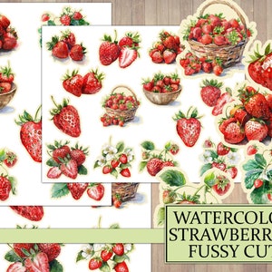 Watercolor Strawberries Fussy Cut, Junk Journal Ephemera, Summer Fruit, Scrapbook Embellishment, Strawberry, Cut Sheet, Printable Download