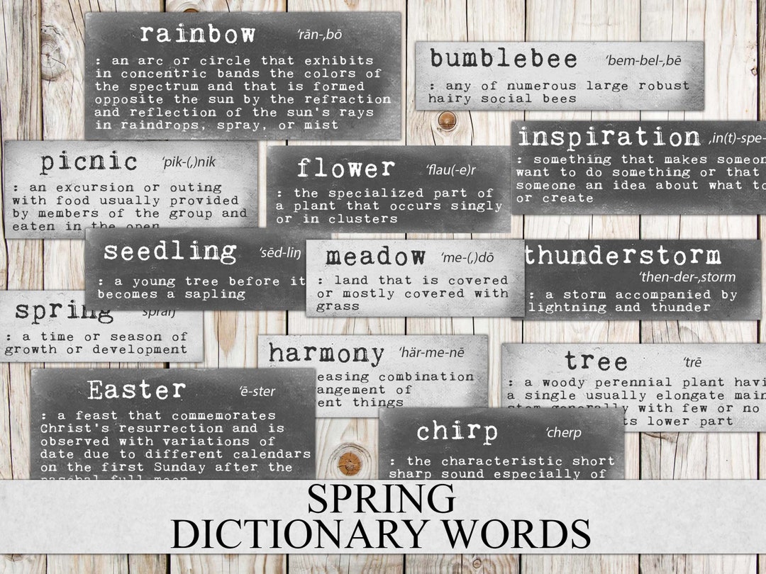 Ink Saver Spring Dictionary Words, Junk Journal Ephemera, Grunge