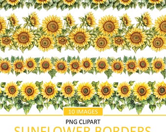 Könnte beinhalten: Zehn digitale Bilder von Sonnenblumenbordüren. Jede Bordüre besteht aus Aquarell-Sonnenblumen mit grünen Blättern. Die Bilder haben einen transparenten Hintergrund.