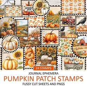 May include: A collage of vintage-style stamps featuring pumpkins, sunflowers, and autumn scenes. The stamps include images of pumpkin patches, fields, and a red truck. Text on the stamps reads "Pumpkin Patch Stamps" and "Journal Ephemera".