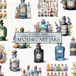 Puede incluir: 18 ilustraciones de acuarela de frascos de boticario con diversas hierbas, flores y etiquetas. Los frascos son de varios colores, incluyendo azul, verde, marrón y transparente. Los frascos están decorados con detalles intrincados y tienen una estética vintage.