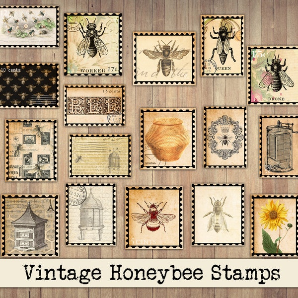 Printable Honeybee Stamps, Vintage Ephemera, Fussy Cut, Sticker Sheet, Junk Journal Supplies, Stamp Clipart, Bumble Bee Scrapbook, Collage