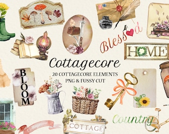 Cottagecore Watercolor Clipart: Junk Journal Ephemera (Digital Download)