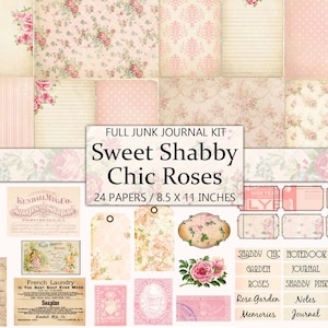 Dolce rosa, rose shabby chic, kit diario spazzatura, pagine di diario, effimeri, taglio pignolo, abbellimento di album, kit artigianale stampabile