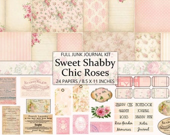 Sweet Pink, Shabby Chic Roses, Junk Journal Kit, Journal Pages, Ephemera, Fussy Cut, Scrapbook Embellishment, Printable Craft Kit