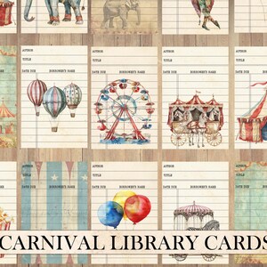 Printable Vintage Library Cards, Antique Carnival, Fussy Cut, Ephemera Pack, Junk Journal Supplies, Big Top Circus, Scrapbook Scraps