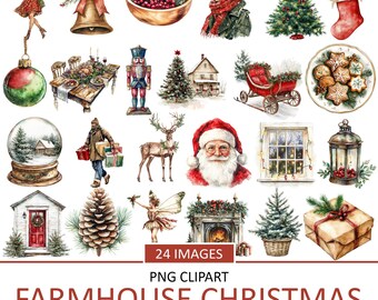 Clipart natalizio in stile rustico ad acquerello: immagini PNG per le festività (download digitale)