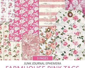 Vintage Pink Farmhouse Tags, Junk Journal Ephemera (Digital Download)