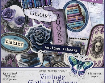 May include: A collage of vintage ephemera with a gothic library theme. The design features illustrations of books, roses, a typewriter, and a butterfly. The color palette includes shades of purple, blue, and white. The kit includes 8 fussy cut pages, and is 8.5 x 11 inches.