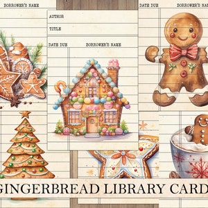 Tarjetas de biblioteca de pan de jengibre vintage imprimibles, corte quisquilloso, paquete de efímeras, suministros de diario basura, restos de diario, álbum de recortes de Navidad, collage