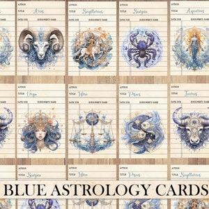 Druckbare Vintage Bibliothek Karten, Antike Blaue Astrologie, Pingelig Schnitt, Ephemera Pack, Junk Journal Zubehör, Sternzeichen, Scrapbook Scraps
