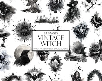 Vintage-style Witch Clipart: Antique Pagan Ink Splash, Halloween, Gothic