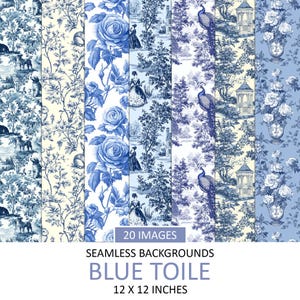 Vintage Blue Toile Backgrounds, Seamless Wallpaper Designs, Scrapbook, Junk Journal, Paper, Ephemera, Repeating Pattern, Instant Download