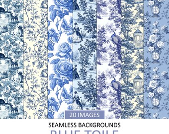 Blue Toile Digital Paper: Seamless Vintage Backgrounds (PDF Download)