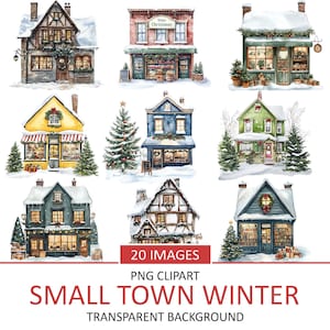 May include: A set of 9 watercolor illustrations of wintery small town buildings. The buildings are decorated for Christmas with wreaths, garlands, and lights. The illustrations are perfect for creating holiday cards, invitations, or scrapbook pages.