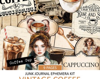 May include: Vintage coffee themed junk journal ephemera kit with 9 pages, each measuring 8.5 by 11 inches. The kit includes images of coffee cups, coffee beans, and a woman holding a coffee cup. The kit also includes text such as "Fresh Brewed Coffee", "Old Town Cafe", "Rise and Shine", "Open Daily at Sunrise", "Coffee Cup", and "Cappuccino".